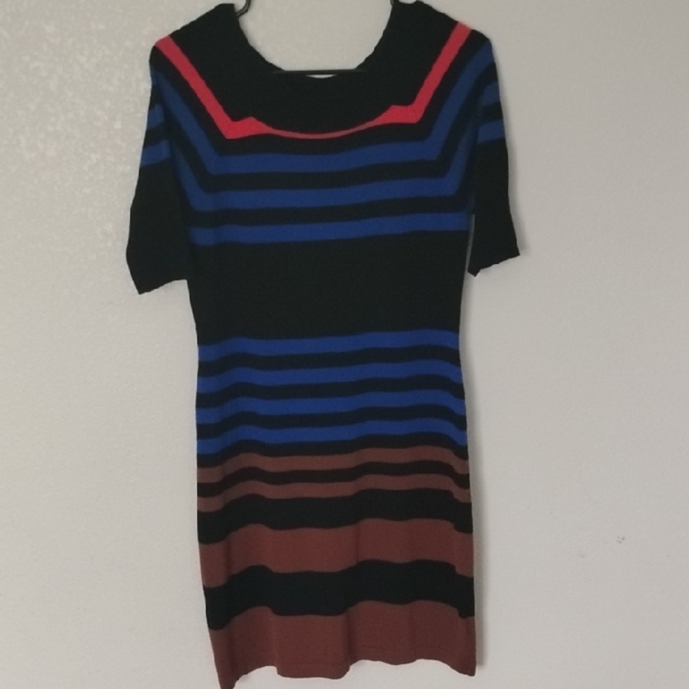 Allison Brittney Striped Mini Dress in Black, Blue, and Red